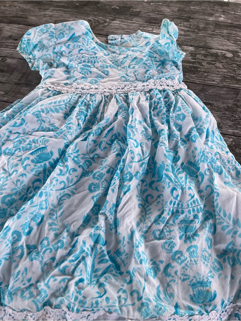 OSCAR DE LA RENTA  Girls 6Y White and Turquoise Floral Lace-Trim Dress, lined